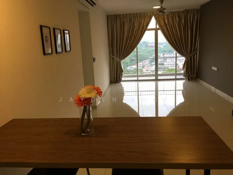 Living features: large floor-to-ceiling windows, grey accent wall, white painted walls, white ceiling, recessed downlights, 5-blade ceiling fan, glossy ceramic tile flooring, dining table with wooden surface, decorative vase with flowers, curtains, city view; style: modern; view: city.