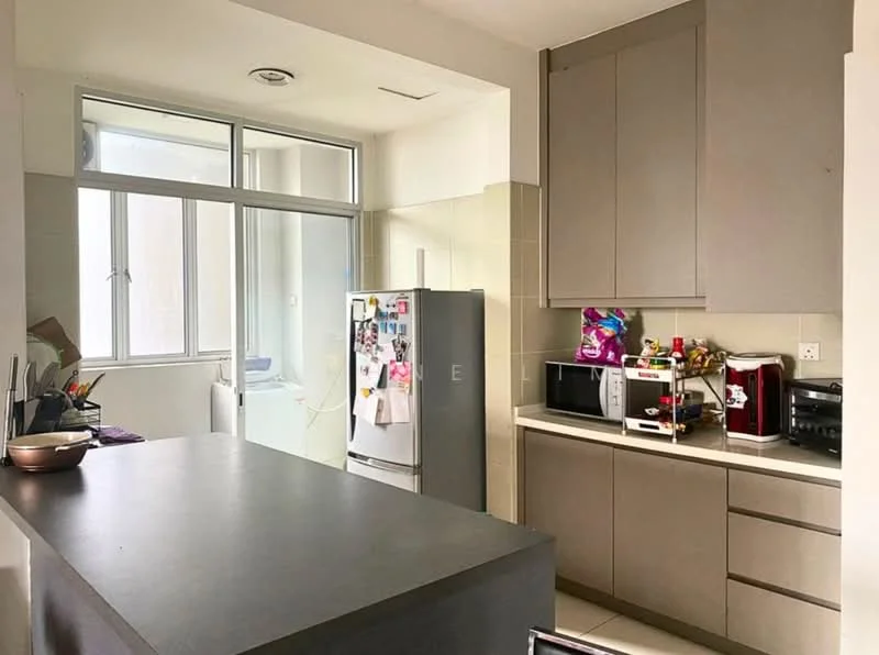 Kitchen features: grey cabinetry, white countertop, stainless-steel fridge, built-in microwave, coffee machine, toaster, kitchen island with seating, window with natural light, ceramic tile flooring, wall-mounted cabinets, dishwasher, oven, decorative items on countertop; style: modern.