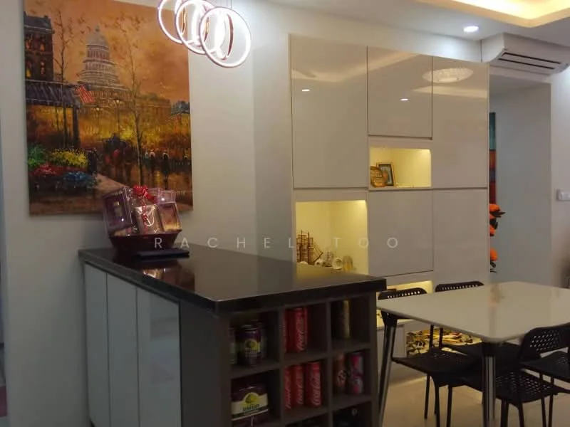 Dining features: white painted walls, recessed ceiling lights, pendant light fixture, dark countertop, light wood cabinetry, open shelving, decorative artwork on wall, dining table with chairs; style: modern.