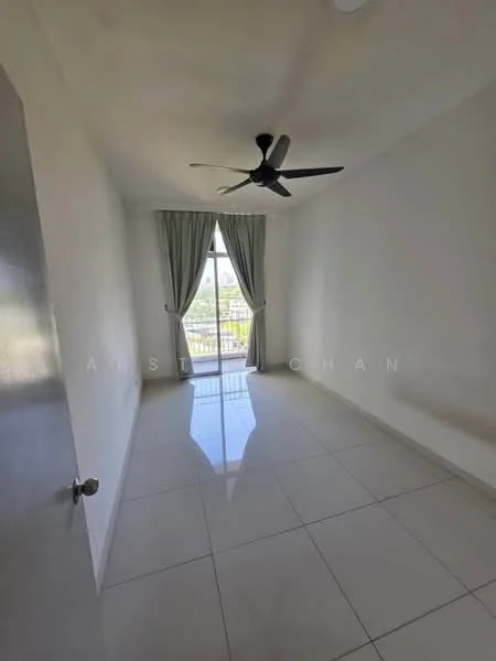 Room features: white painted walls, glossy ceramic tile flooring, 5-blade ceiling fan, floor-to-ceiling windows, sheer curtains, balcony access, natural light, neutral color scheme; style: modern; view: city.