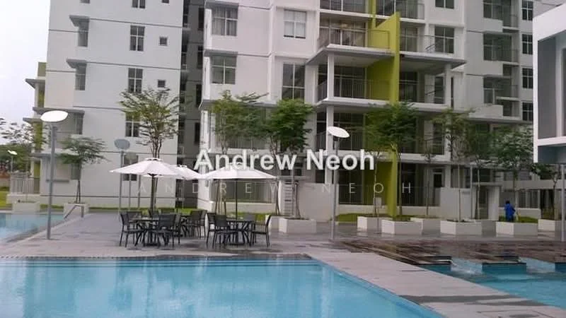 Exterior type: mid-rise condominium; features: swimming pool, pool deck with loungers, outdoor dining area with tables and umbrellas, landscaped garden with trees, glass curtain wall facade, white painted facade, green accent panels, multiple levels, staircase leading to upper floors; style: modern.