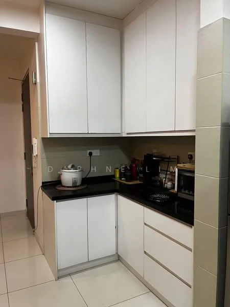 Kitchen features: white flat-panel cabinets, black granite countertop, built-in stove, microwave, rice cooker, kitchen sink, wall-mounted electrical outlets, tile backsplash, ceramic tile flooring, recessed lighting; style: modern.