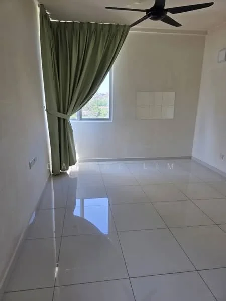 Room features: white painted walls, glossy white tile flooring, floor-to-ceiling window, green curtain, ceiling fan; style: modern; view: city.
