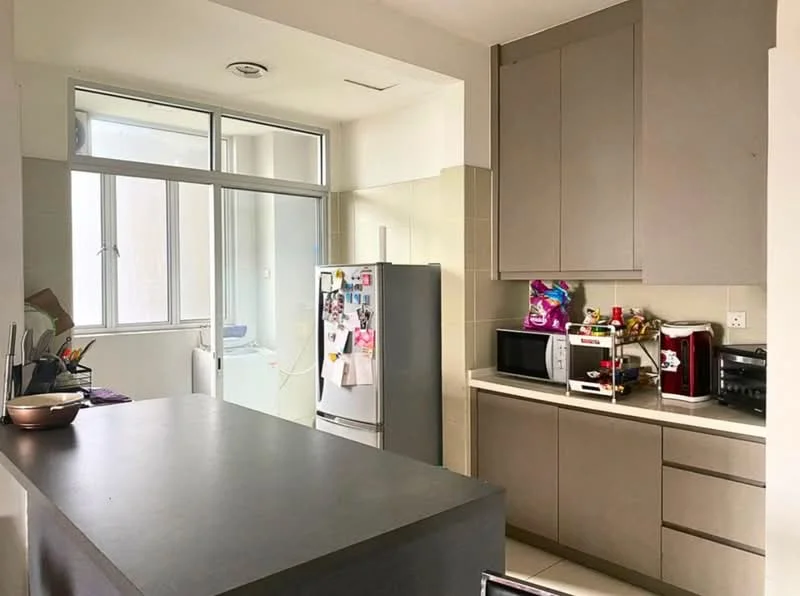 Kitchen features: grey laminate countertop, stainless-steel fridge, built-in microwave, freestanding microwave, kitchen cabinets with flat-panel design, kitchen island with seating, sink, wall-mounted cabinets, tile backsplash, window with natural light, open layout, appliances on countertop; style: modern.