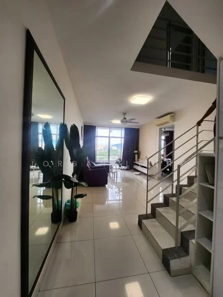 Living features: large mirror on wall, floor-to-ceiling windows, grey fabric sofa, white coffee table, ceiling fan, recessed ceiling lights, white tiled flooring, decorative plants in pots, curtains, TV console, wall-mounted TV; style: modern; view: city. Room features: staircase with metal railing, white walls, natural light from windows.