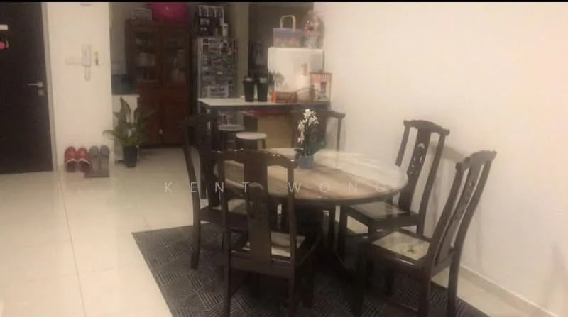 Dining features: round dining table, wooden dining chairs, black area rug, white walls, tile flooring, refrigerator visible in background, wooden cabinet in background, decorative plant on floor.