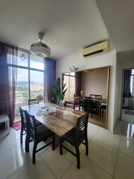 Dining features: dining table with 6 chairs, floor-to-ceiling windows, curtains, ceiling fan with light, air conditioning unit, tile flooring, decorative wall plant, area rug, wall-mounted lighting, open layout to living area; style: modern; view: city. Living features: sofa, coffee table, TV console, wall-mounted TV, tile flooring, decorative wall plant, open layout to dining area; style: modern; view: city.