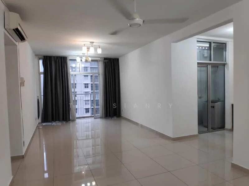 Living features: white painted walls, glossy ceramic tile flooring, 5-blade ceiling fan with light, floor-to-ceiling windows, sliding glass door, dark grey curtains, recessed downlights, open layout; style: modern; view: city. Room features: white painted walls, glossy ceramic tile flooring, glass partition, open layout.