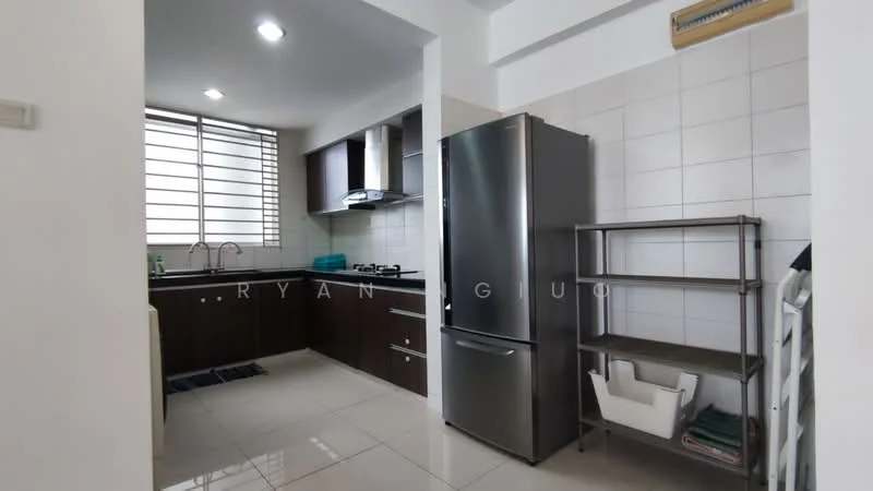 Kitchen features: black countertop, stainless-steel sink, chrome pull-down faucet, built-in gas stove, stainless-steel range hood, stainless-steel fridge, dark wood cabinetry, white tiled backsplash, ceramic tile flooring, window with horizontal bars, open shelving unit, laundry basket; style: modern.