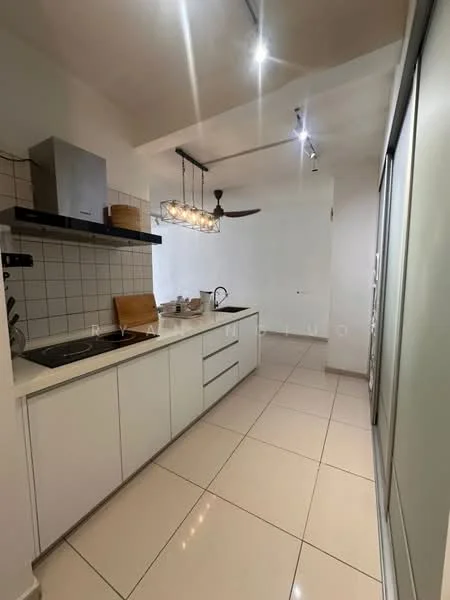Kitchen features: white cabinetry, marble countertop, stainless-steel sink, chrome pull-down faucet, built-in oven, 4-burner gas hob, pendant lighting, 5-blade ceiling fan, tile flooring, white tiled backsplash, open shelving, kitchen island, sliding glass door; style: modern.