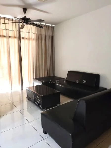 Living features: black leather sofa, 2-seater black leather sofa, coffee table with storage, white painted walls, glossy tile flooring, 5-blade ceiling fan, floor-to-ceiling windows, sheer curtains; style: modern.