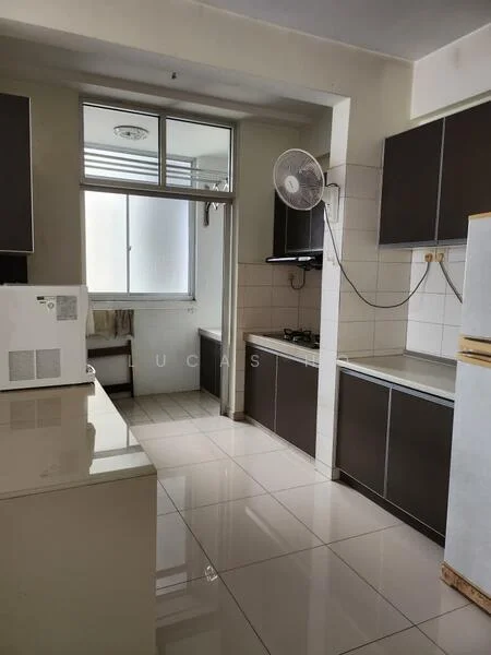 Kitchen features: white tiled walls, cream cabinetry, stainless-steel sink, gas hob, exhaust hood, built-in oven, refrigerator, window with sheer curtains, ceiling fan, white tiled flooring, countertop with breakfast bar; style: modern.