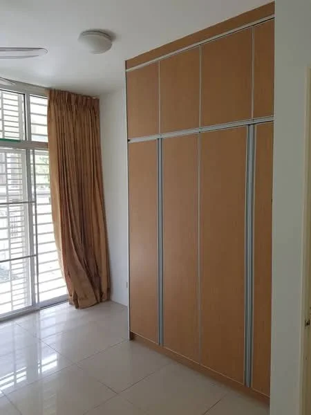 Bedroom features: built-in wardrobe with sliding doors, floor-to-ceiling windows, curtains in beige, white walls, glossy tile flooring, ceiling light fixture, natural light from window; style: modern.