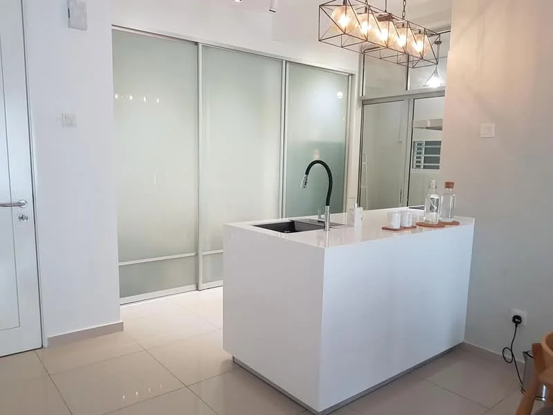 Kitchen features: white quartz countertop, single-bowl stainless-steel sink, black gooseneck faucet, island kitchen layout, pendant lighting with multiple bulbs, white cabinetry, ceramic tile flooring, glass partition wall, recessed ceiling lights; style: modern.