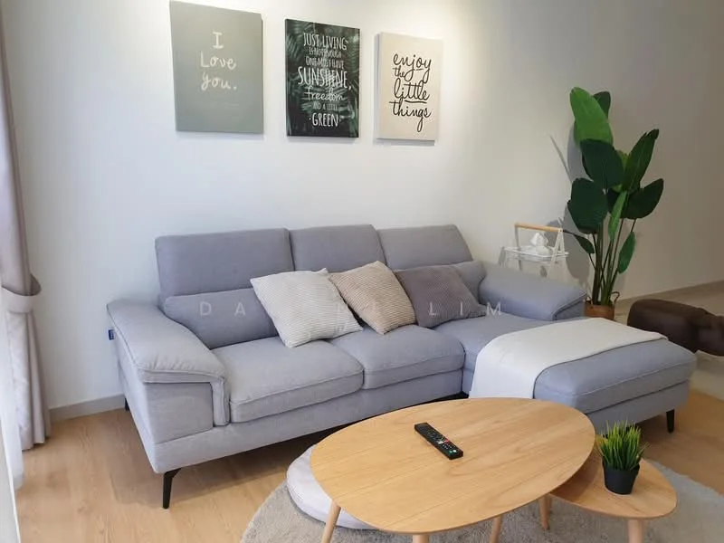 Living features: 3-seater fabric sofa in grey, 2 decorative cushions in beige, round wooden coffee table, area rug, framed artwork on walls, indoor plant, light wood flooring, floor-to-ceiling windows with sheer curtains; style: modern.