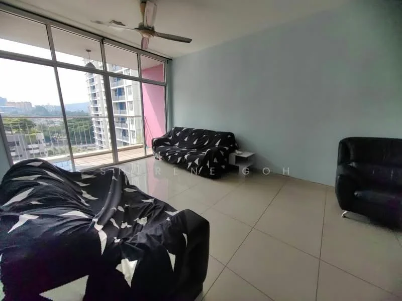 Living features: two black fabric sofas, floor-to-ceiling windows, sliding glass door, light-colored walls, glossy tile flooring, ceiling fan, natural light from windows, view of city skyline; style: modern; view: city.