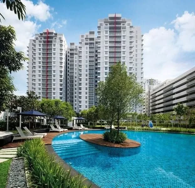 Exterior type: high-rise condominium; features: infinity pool, pool deck with loungers, landscaped garden with trees, manicured lawn, surrounding greenery, multiple high-rise buildings, modern architectural design, water feature in pool area; style: modern.