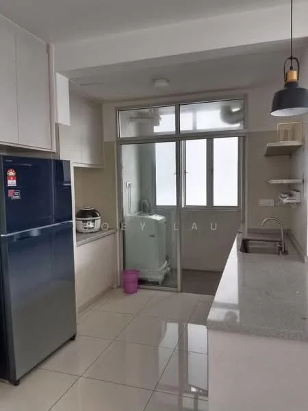 Kitchen features: white cabinetry, grey granite countertop, stainless-steel sink, chrome pull-down faucet, built-in oven, stainless-steel fridge, ceramic tile flooring, window with glass panes, wall-mounted exhaust fan, light fixture with pendant design; style: modern.