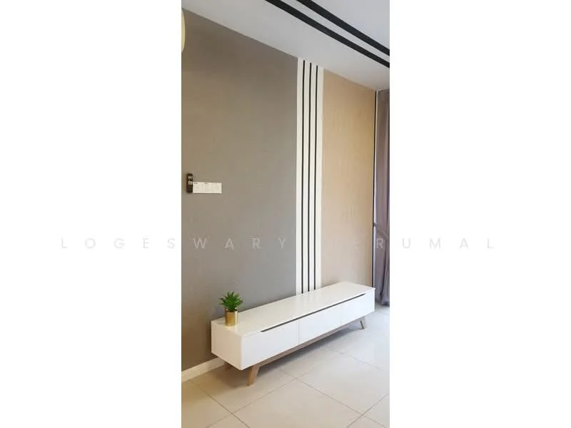 Room features: white low-profile TV console with drawers, grey painted wall, beige accent wall with vertical stripes, ceramic tile flooring, decorative plant on console, curtains, wall-mounted light switch; style: modern.