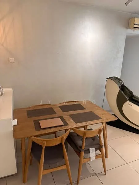 Dining features: wooden dining table, 4-seater dining table, beige placemats, wooden dining chairs, grey cushions on chairs, white painted walls, tile flooring, air conditioning unit on wall; style: modern.