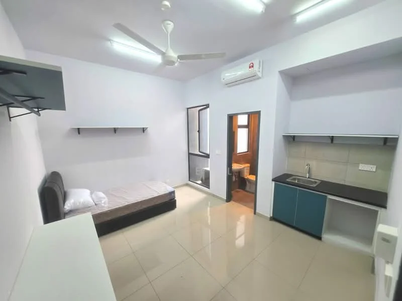 Bedroom features: single bed with mattress, ceiling fan, wall-mounted shelf, built-in wardrobe, window with natural light, tile flooring, air conditioning unit, kitchenette with sink, countertop with cabinets, neutral wall color; style: modern. Bathroom features: toilet, sink, mirror, tile flooring, neutral wall color.