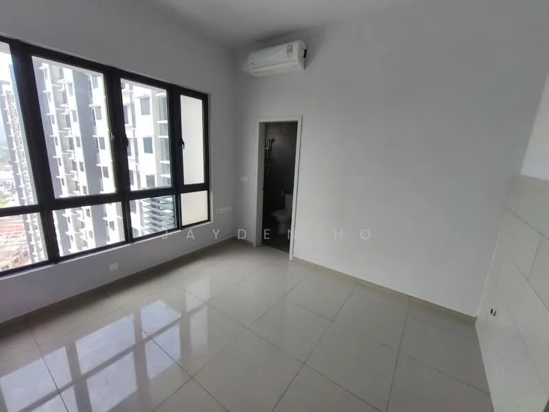 Room features: white painted walls, glossy ceramic tile flooring, floor-to-ceiling windows, 1 wall-mounted split AC, door leading to bathroom, neutral color scheme; style: modern; view: city.