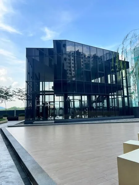 Exterior type: clubhouse; features: glass curtain wall, black facade, multiple levels, outdoor terrace, surrounded by greenery, modern architectural design; style: modern.