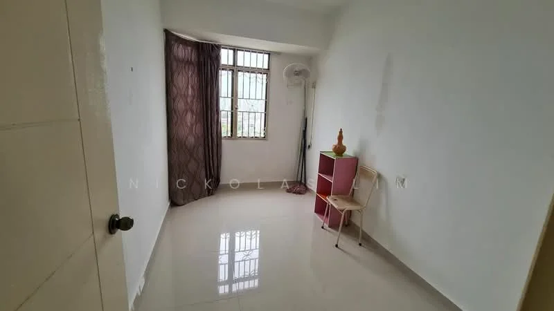 Room features: white painted walls, glossy tile flooring, floor-to-ceiling window, curtains, ceiling fan, wooden chair, small red shelving unit, decorative item on shelf; style: minimalist; view: city.