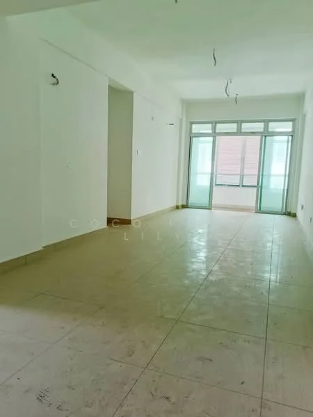 Room features: white painted walls, tile flooring, large glass sliding doors, natural light from windows, ceiling with exposed wiring, neutral color scheme; style: modern.