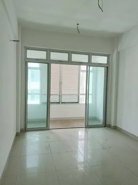 Room features: white painted walls, glazed sliding glass door, floor-to-ceiling windows, tile flooring, natural light from windows, neutral color scheme, minimalist design, no visible furniture; style: modern.