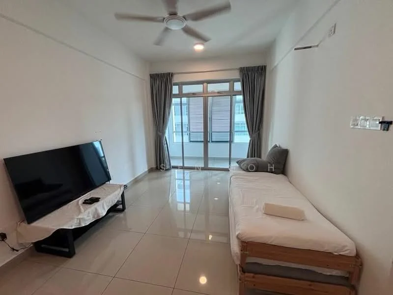 Living features: large flat-screen TV on stand, white sofa bed, ceiling fan, sliding glass door, floor-to-ceiling windows, grey curtains, white painted walls, glossy tile flooring, light fixture in ceiling; style: modern; view: city.