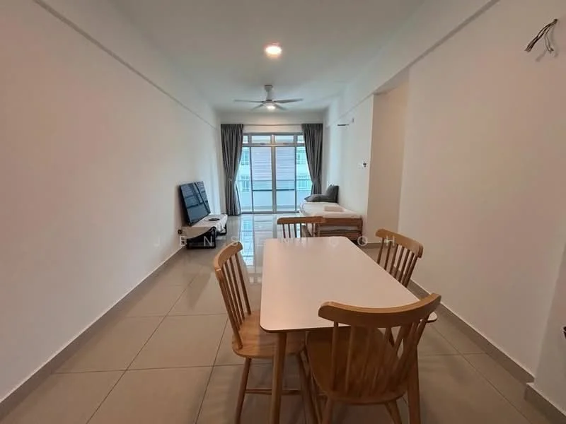 Living features: white painted walls, glossy ceramic tile flooring, 5-blade ceiling fan with light, sofa, dining table with 4 wooden chairs, TV console, floor-to-ceiling windows, curtains, natural light, open layout; style: modern; view: city.