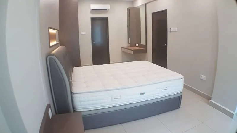 Bedroom features: queen-size bed with mattress, grey upholstered headboard, light grey painted walls, cream tiled flooring, wall-mounted split AC, built-in wardrobe with mirror, wooden dressing table, dark wooden door, light fixture above bed, recessed lighting, window with no visible treatment; style: modern.