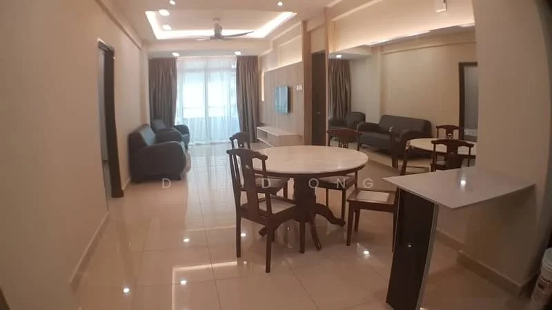 Living features: cream painted walls, glossy tile flooring, 5-blade ceiling fan with light, sofa set in dark grey, coffee table, wall-mounted TV, curtains, recessed lighting; style: modern. Dining features: round dining table, wooden dining chairs, sideboard, decorative wall mirror; style: modern.