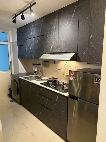 Kitchen features: black marble cabinetry, stainless-steel sink, chrome pull-down faucet, gas stove with 4 burners, stainless-steel range hood, built-in oven, stainless-steel fridge, washing machine, white countertop, tile backsplash, recessed LED downlights, wall-mounted cabinets, ceramic tile flooring, window with blue glass, track lighting; style: modern.