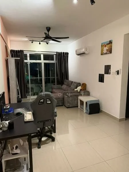 Living features: grey fabric sofa, ceiling fan with light, floor-to-ceiling windows, blackout curtains, light-colored walls, glossy tile flooring, air conditioning unit, computer desk with gaming chair, decorative wall art, small pet bed; style: modern; view: city.