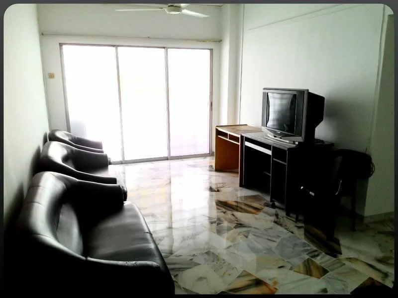Living features: 3-seater leather sofa in black, 2-seater leather sofa in black, marble flooring, ceiling fan, TV console, CRT television, wooden side table, sliding glass door, sheer curtains; style: modern.
