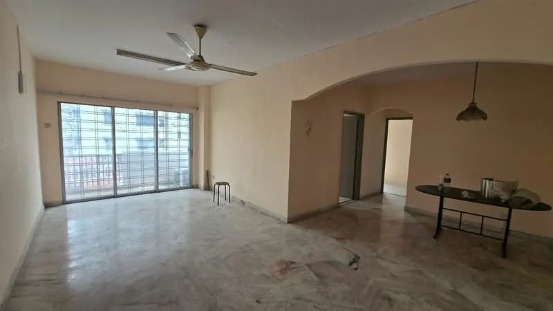 Living features: marble flooring, cream painted walls, 5-blade ceiling fan, floor-to-ceiling windows, sliding glass door, natural light from windows, arched doorway, decorative pendant light, open layout. Room features: marble flooring, cream painted walls, arched doorway.