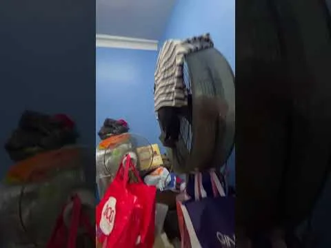 Room features: blue painted walls, floor fan, clothing on fan, bags on floor, cluttered space.
