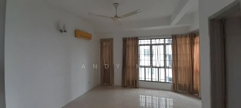 Living features: white painted walls, cream tiled flooring, 5-blade ceiling fan, floor-to-ceiling windows, sheer curtains, air conditioning unit, light-colored curtains; style: modern.