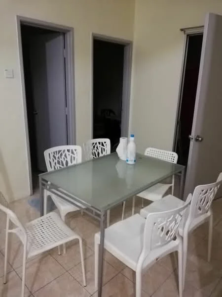 Dining features: glass dining table, 6 white plastic chairs, cream painted walls, tile flooring, doorways leading to other rooms, neutral lighting, minimalist decor; style: modern.