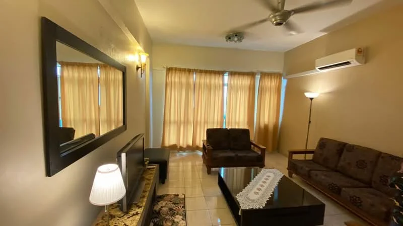 Living features: 3-seater fabric sofa in brown, 2-seater wooden sofa, coffee table with glass top, TV console, wall-mounted TV, floor lamp, 5-blade ceiling fan, air conditioning unit, curtains in beige, decorative mirror, tiled flooring, wall sconce lighting, area rug with floral pattern; style: contemporary.