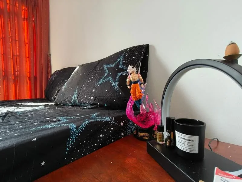 Bedroom features: black bedding with star pattern, wooden bedside table, decorative figurine, pink decorative item, black candle holder, various small bottles, red curtains, white painted walls.