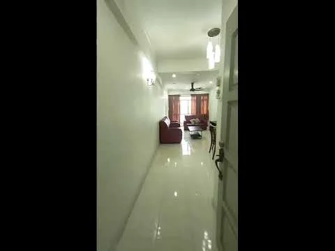 Room features: white painted walls, glossy tile flooring, 5-blade ceiling fan, recessed downlights, sofa in red, coffee table, dining table, curtains in orange, windows with city view; style: modern; view: city.