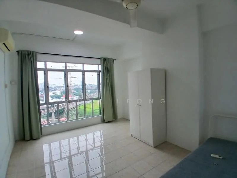 Bedroom features: white painted walls, tile flooring, floor-to-ceiling windows, green curtains, 1 wall-mounted split AC, ceiling fan, built-in wardrobe, single bed, study desk, city view; style: modern; view: city.