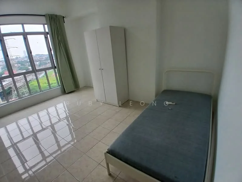Bedroom features: single bed, white bed frame, grey mattress, white wardrobe, floor-to-ceiling windows, green curtains, tile flooring, white painted walls, city view; style: minimalist; view: city.
