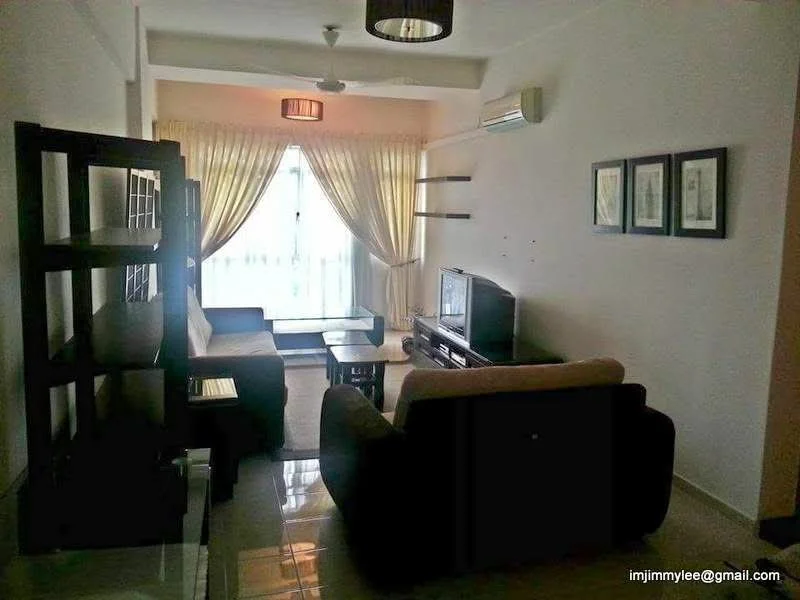 Living features: 2-seater fabric sofa in beige, 3-seater fabric sofa in dark brown, wood coffee table, TV console, wall-mounted TV, floor-to-ceiling windows, sheer curtains, ceiling fan, recessed downlights, decorative wall art, shelves on wall, glossy tile flooring, light-colored walls; style: modern.