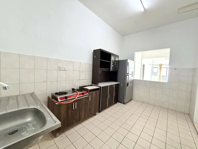 Kitchen features: stainless-steel sink, single-bowl sink, wood cabinetry, built-in cabinets, gas stove with two burners, countertop space, refrigerator, white tiled walls, cream tiled flooring, window for natural light, light fixture on ceiling; style: modern.