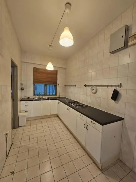 Kitchen features: white tiled walls, grey tiled flooring, black countertop, white cabinetry with flat-panel doors, built-in gas stove, single-bowl stainless-steel sink, window with wooden blinds, overhead pendant lighting, wall-mounted clock, wall-mounted electrical panel, open shelving, kitchen waste bin; style: modern.