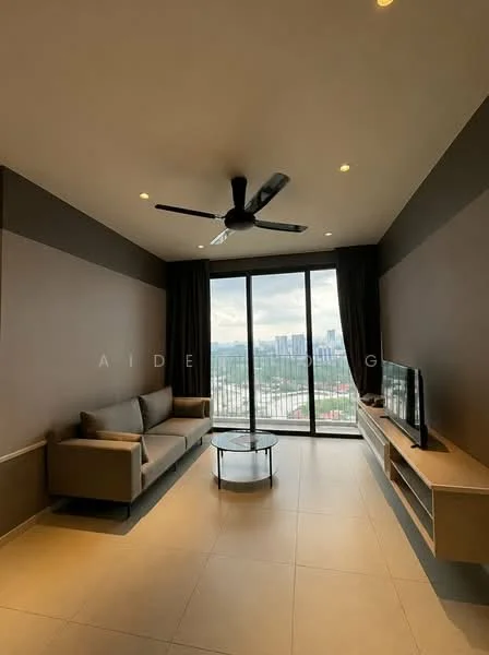 Living features: 3-seater fabric sofa in grey, glass coffee table, wall-mounted TV, TV console, floor-to-ceiling windows, blackout curtains, 5-blade ceiling fan with light, recessed downlights, cream painted walls, light-colored tile flooring; style: modern; view: city.